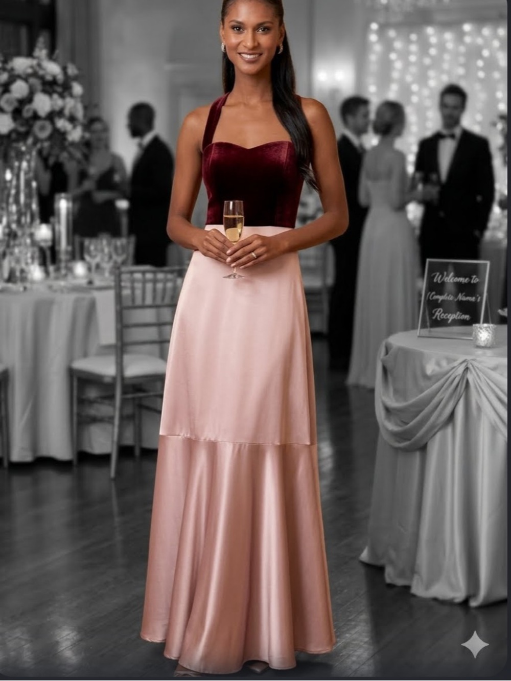 Lulu's Strapless Two-Tone Satin Gown in Wine and Blush